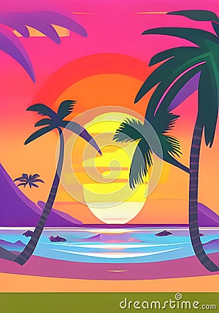 Twilight Serenity Illustrated Sunset at the Beach with Palms Cartoon Illustration