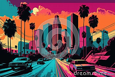 Californian Pop Art Cityscape: Vibrant and Retro, generativa ai Cartoon Illustration