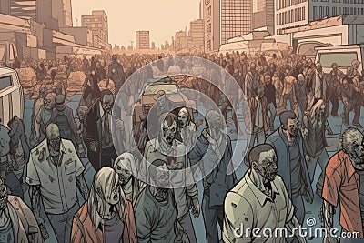 Surviving the Zombie Apocalypse: Cityscape Crowded with Zombies, Generative AI Cartoon Illustration
