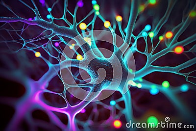 Synaptic Connections in Neon Light: Close-Up View on Neural Synapse Network, generative ai Cartoon Illustration