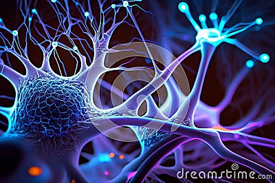 Synaptic Connections in Neon Light: Close-Up View on Neural Synapse Network, generative ai Cartoon Illustration