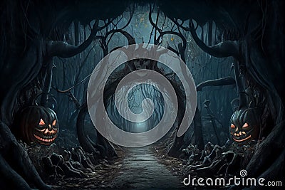 Shiny Pathway in Fairy Tale Styled Scary Forest of Nightmares, Generative AI Cartoon Illustration