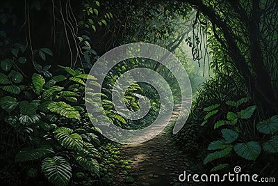 Fairy Tale Path in Lush Amazonian Forest, generative ai Cartoon Illustration