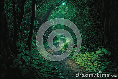 Fairy Tale Path in Lush Amazonian Forest, generative ai Cartoon Illustration