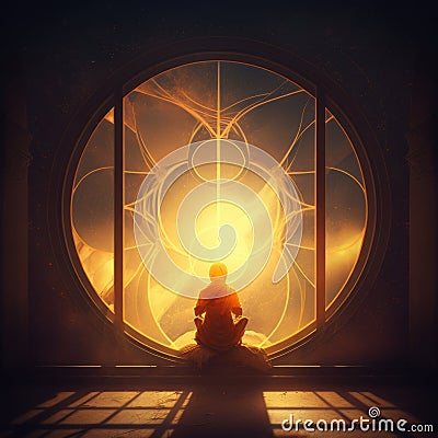 Golden Serenity: Yoga and Meditation in Backlit Gold Hues, generative ai Cartoon Illustration