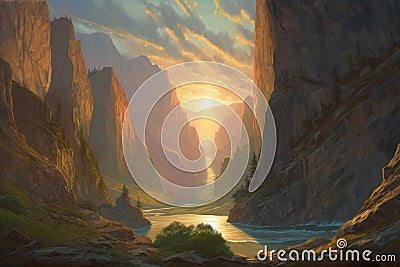 Wide Valley and Mountain Landscape, Brushstrokes, Generative AI Cartoon Illustration