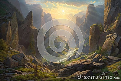 Wide Valley and Mountain Landscape, Brushstrokes, Generative AI Cartoon Illustration