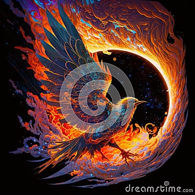 Phoenix Reborn: Fiery Wings Descending to Earth from Space, generative ai Cartoon Illustration