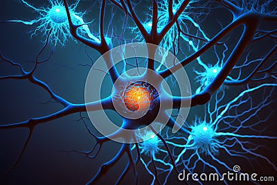 Microscopic Neuron Fractals with Blue Light Particles, Generative AI Cartoon Illustration