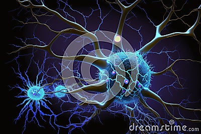 Microscopic Neuron Fractals with Blue Light Particles, Generative AI Cartoon Illustration