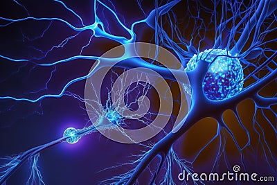 Microscopic Neuron Fractals with Blue Light Particles, Generative AI Cartoon Illustration