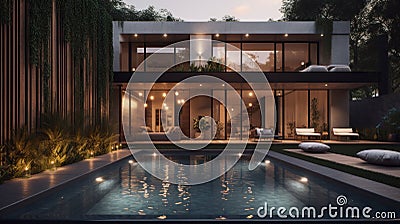 Modern Zen Garden with Sunken Hot Tub, Art Deco Style House, and Generative AI Cartoon Illustration
