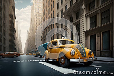 Small Yellow Classic Taxi in a Big City, futuristic style, generative ai Cartoon Illustration