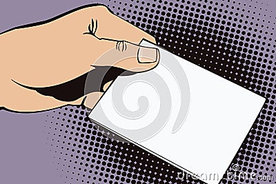 Stock illustration. Hands of people in the style of pop art and old comics. Blank sheet of paper for your message in the man' Vector Illustration