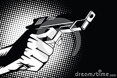 Stock illustration. Hands of people in the style of pop art and old comics. Weapon in hand, and the sound of the shot Vector Illustration