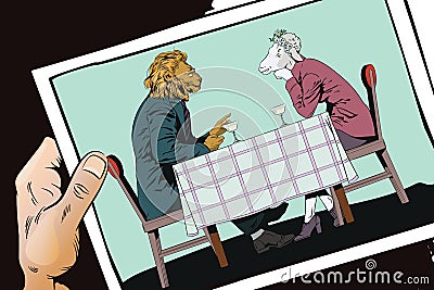 Male is talking to girl. Lion and Sheep. People in images of animals. Vector Illustration