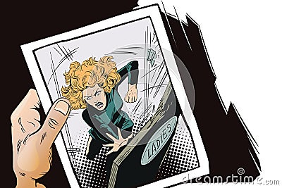 Angry woman breaks door. Stock illustration. Vector Illustration