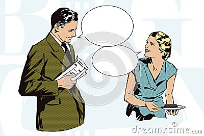 Stock illustration. People in retro style pop art and vintage advertising. Client cafes talking with the waitress Vector Illustration