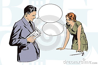 Stock illustration. People in retro style pop art and vintage advertising. Client cafes talking with the waitress Vector Illustration