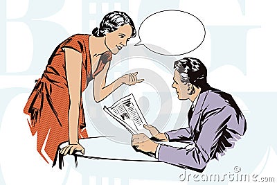 Stock illustration. People in retro style pop art and vintage advertising. Client cafes talking with the waitress Vector Illustration