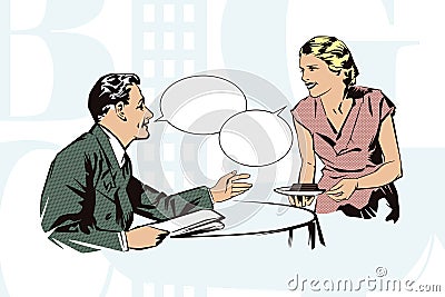 Stock illustration. People in retro style pop art and vintage advertising. Client cafes talking with the waitress Vector Illustration