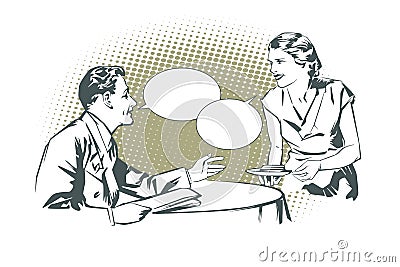 Stock illustration. People in retro style pop art and vintage advertising. Client cafes talking with the waitress Vector Illustration