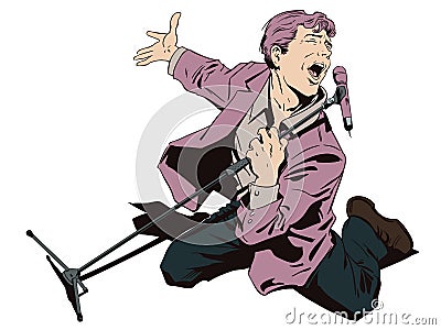 Man in karaoke. Inspired singer with microphone. Stock Vector Illustration