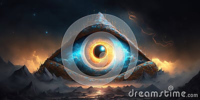 Eye of Providence Pyramid Illuminati with Cosmic Space Abstract Background Cartoon Illustration