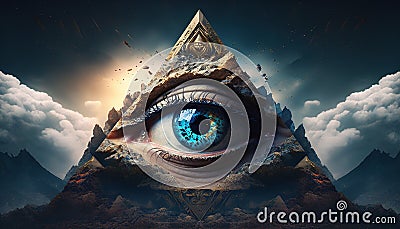 Eye of Providence Pyramid Illuminati with Cosmic Space Abstract Background Cartoon Illustration