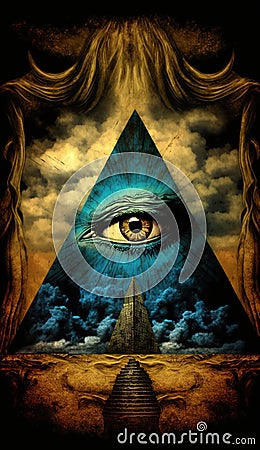 Eye of Providence Pyramid Illuminati with Cosmic Space Abstract Background Cartoon Illustration