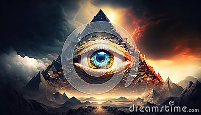 Eye of Providence Pyramid Illuminati with Cosmic Space Abstract Background Cartoon Illustration