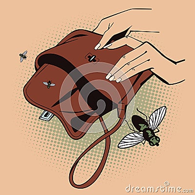 Stock illustration. Style of pop art and old comics. Flies fly out from empty handbag Vector Illustration