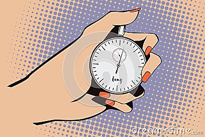 Stock illustration. Style of pop art and old comics. Stopwatch in hand. Vector Illustration