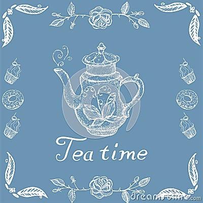 Stock Illustration Tea time with retro teapot and patterned vector image Stock Photo