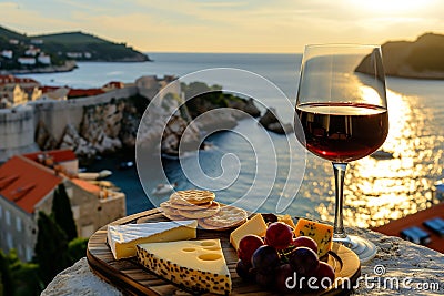 Cheese Platter with Plavac Mali Red Wine Overlooking a Serene Mediterranean Seascape Stock Photo