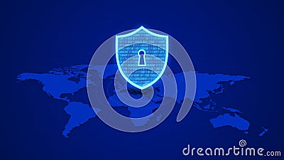 Cybersecurity Shield with Binary and world map Stock Photo