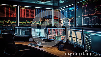 Productive workspace with multiple monitors for efficient multitasking Stock Photo