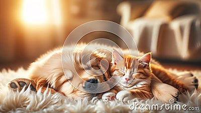 Cute Animal Friends: Fluffy Golden Puppy and Sleepy Ginger Kitten Cuddling Peacefully Stock Photo