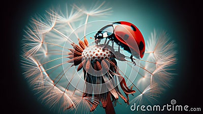 Ethereal Dandelion Dreams: Red Ladybug on a Delicate Seed Head Stock Photo