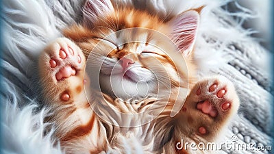 Ginger Slumber: A Cute Kitten's Tranquil Rest in Soft Furscape Stock Photo
