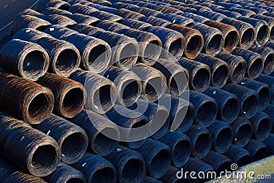 Stock of Industrial wire rolls - coil cable fiber optic technology mechanical Stock Photo