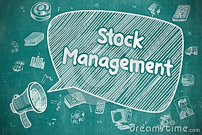 Stock Management - Cartoon Illustration on Blue Chalkboard. Stock Photo