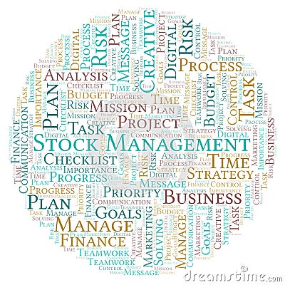 Stock Management word cloud, made with text only. Stock Photo