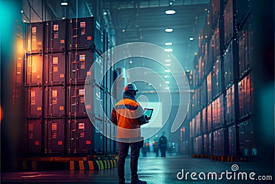 Stock manager using laptop at warehouse. warehouse stock engineer man scanning package with barcode scanner Cartoon Illustration