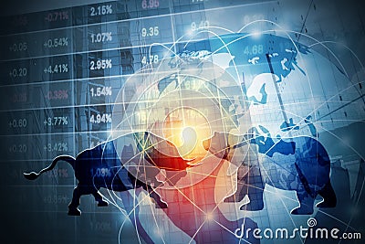 Stock market background concept design of Bull and Bear with global network Stock Photo