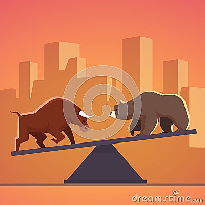 Stock market bulls and bears battle metaphor Vector Illustration