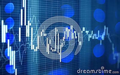 Stock market, candles and graph on a blue background with beautiful boke Stock Photo