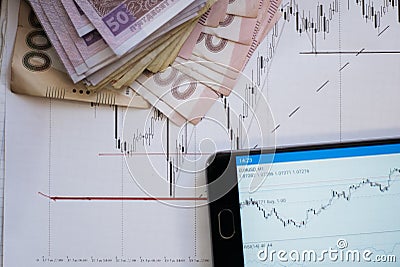 Stock market chart on Forex Charts and money Live online screen. Stock Photo