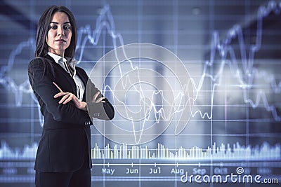 Stock market concept with trader woman on digital wall background Stock Photo