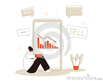Stock market crash. Investor lost money. Angry female shareholder sitting on the floor with graph fall down on mobile app on phone Cartoon Illustration